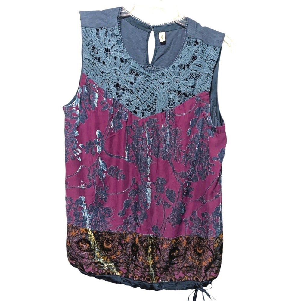 Tiny Anthropologie Lace Burnout Velvet Mixed Media Sleeveless Top Purple Blue‎ L - Picture 4 of 16